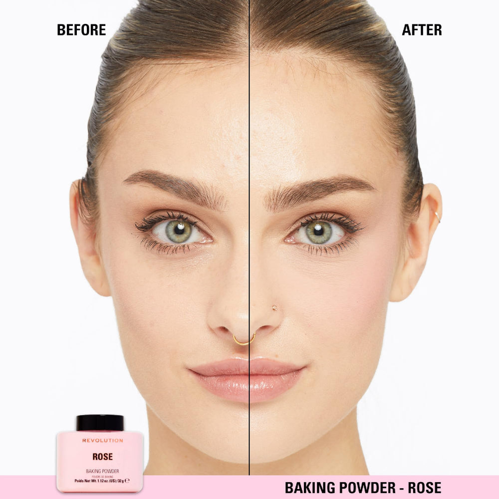 Revolution Beauty London powder being applied with a fluffy brush to mattify skin