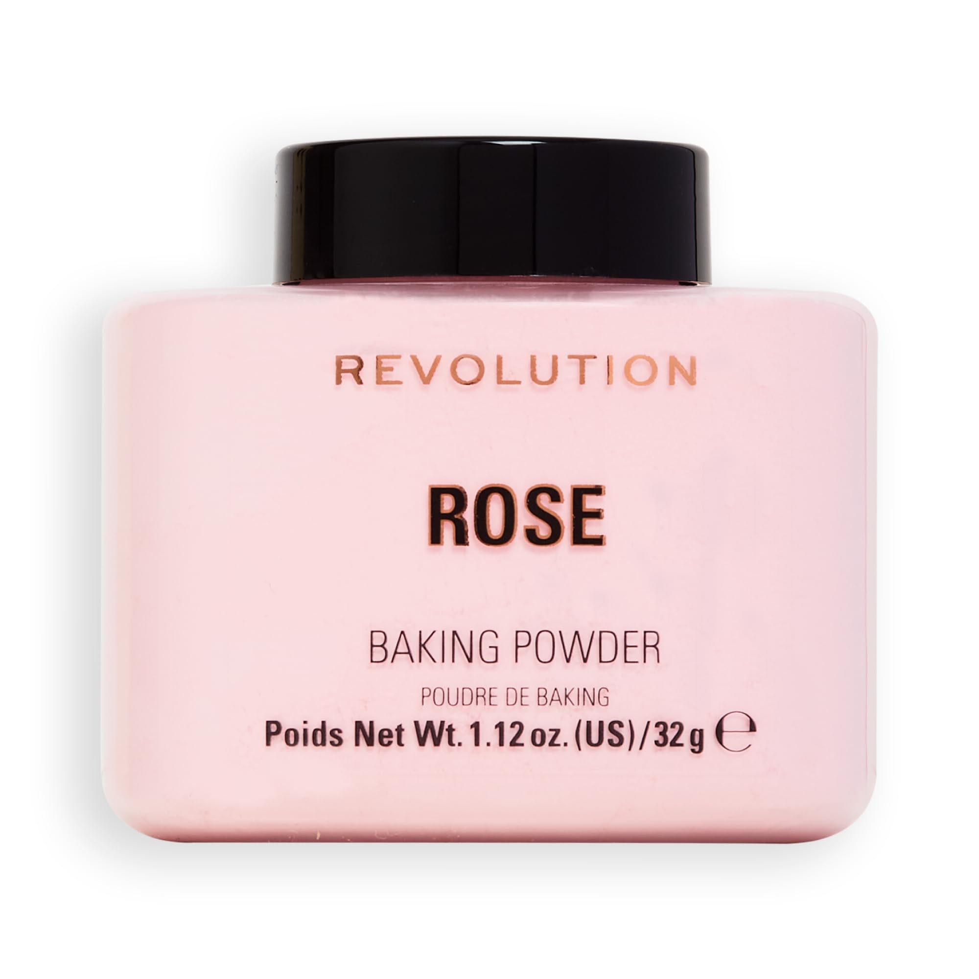Revolution Beauty London front packaging showing Rose powder and benefit of long wear