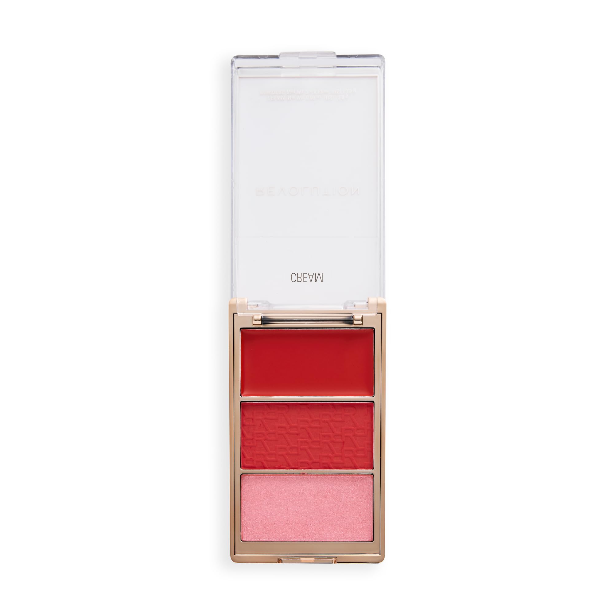 Revolution palette front view showing three cream, matte, shimmer pans and compact benefit