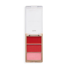 Revolution palette front view showing three cream, matte, shimmer pans and compact benefit