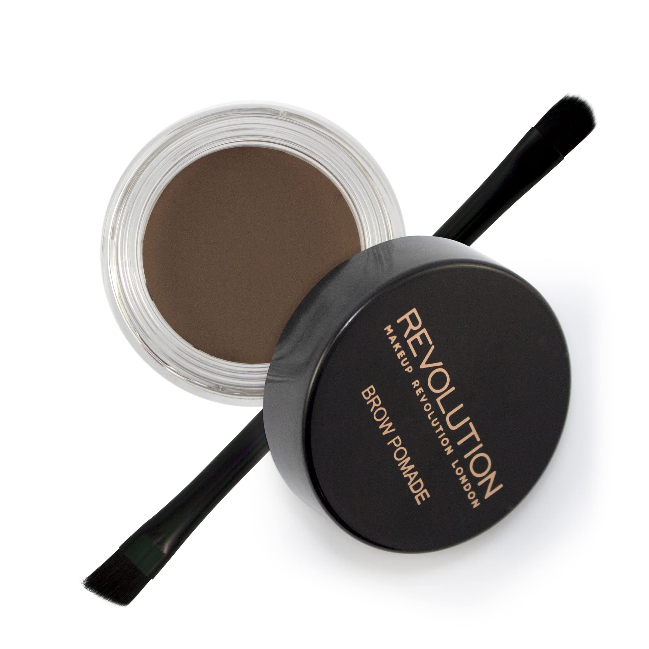 Revolution Brow Pomade front jar showing product shade and compact size benefit