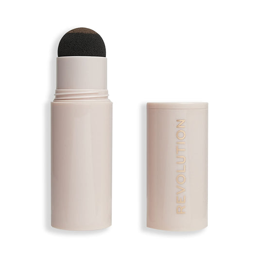 Revolution Brow kit front packaging showing compact stamp and stencils for quick shaping
