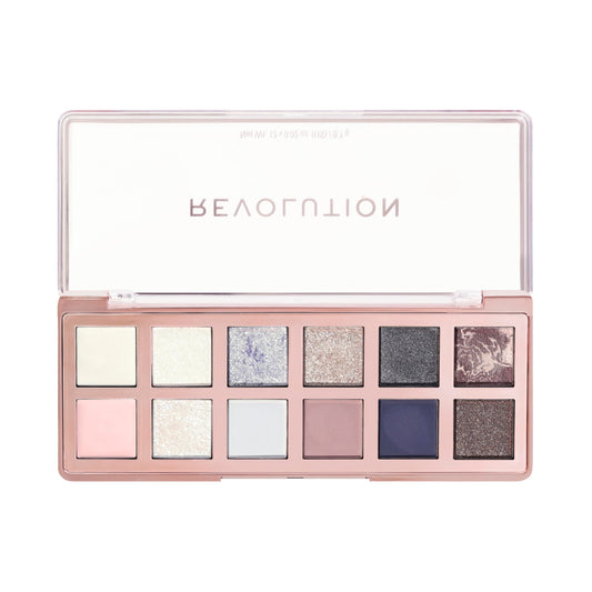 Revolution Skincare London front packaging showing 12-pan palette and rose-gold case, elegant carry benefit