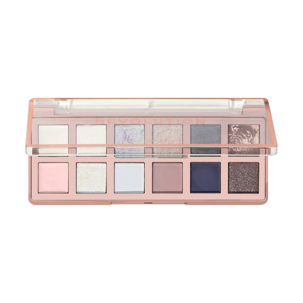 Revolution Skincare London palette applied on eye showcasing shimmer payoff and layered depth benefit