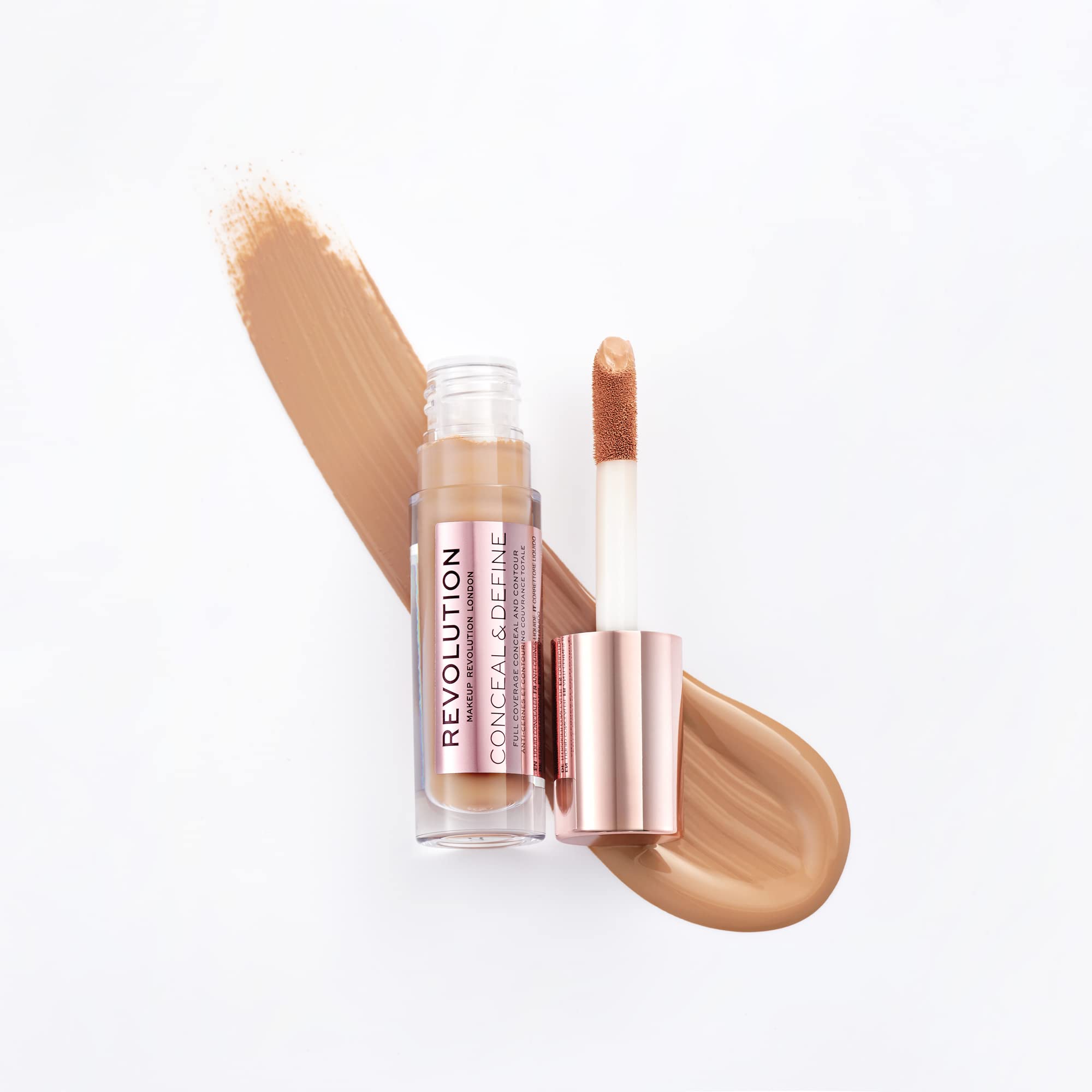 Revolution Beauty London swatches showing C12 coverage on medium tan skin