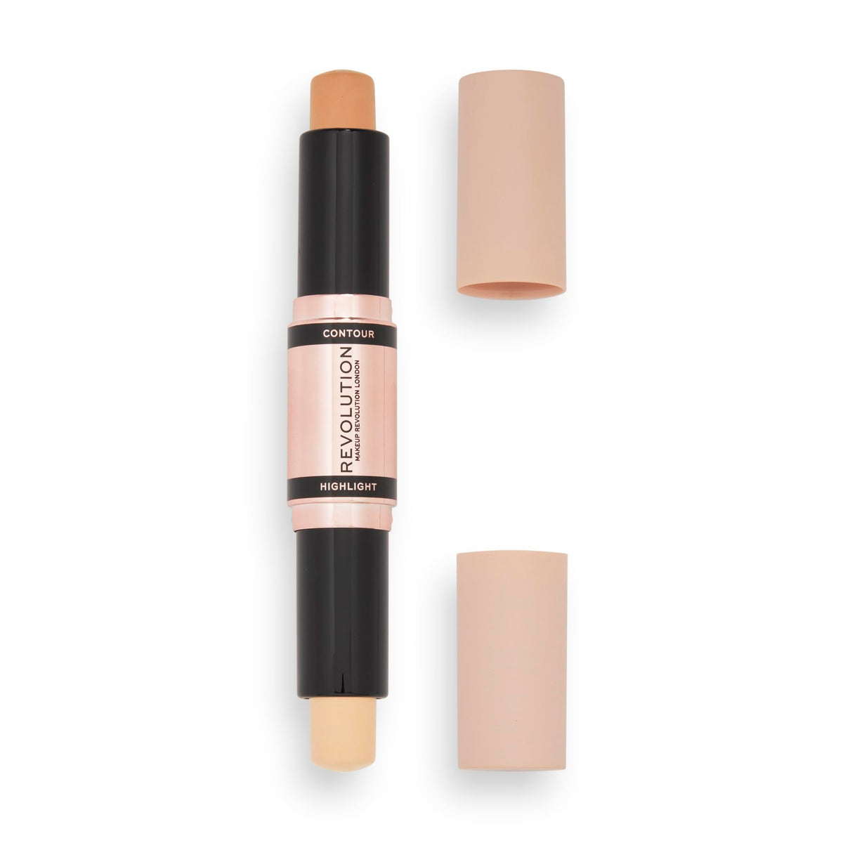 Revolution Beauty London dual-ended contour stick front view showing both caps and labels for convenience