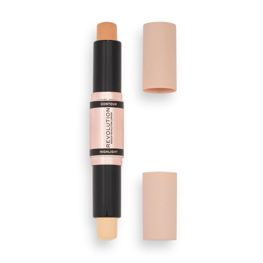 Revolution Beauty London dual-ended contour stick front view showing both caps and labels for convenience