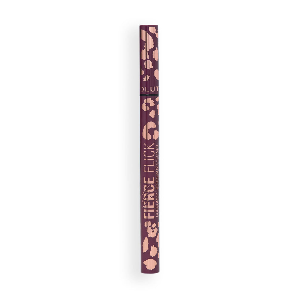 Revolution Fierce Flick swatch on skin displaying Cherry Coded burgundy pigment payoff