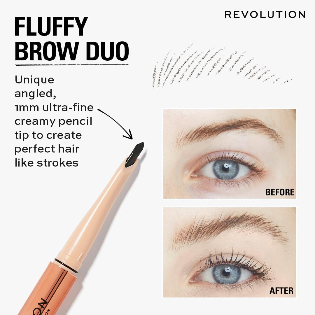 Revolution Fluffy Brow Filter before and after brows showing natural fullness and lifted finish