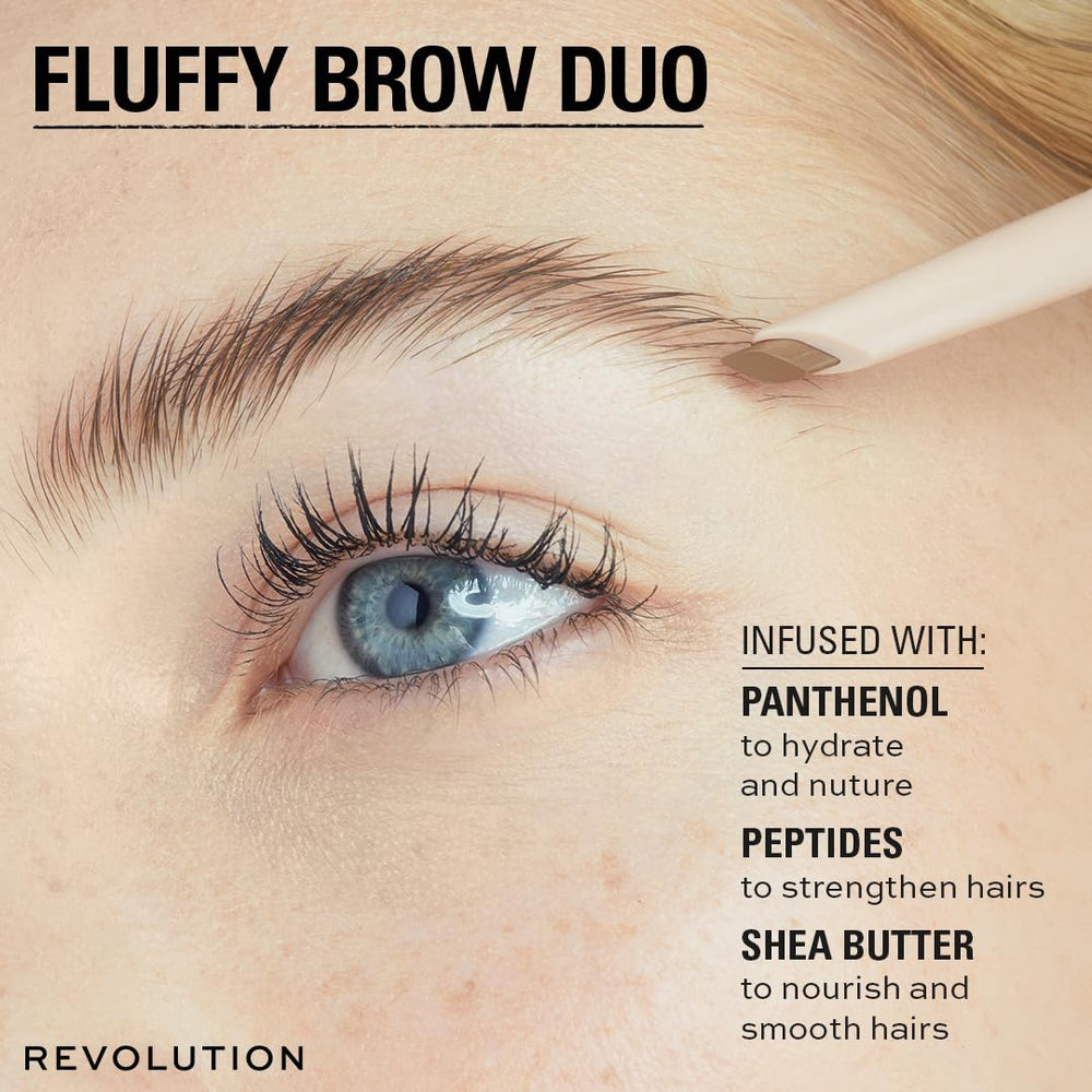 Revolution application on model brows demonstrates fluffing and shaping for fuller look