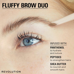 Revolution application on model brows demonstrates fluffing and shaping for fuller look