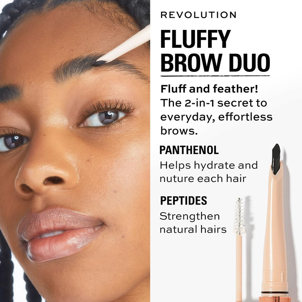 Revolution Fluffy Brow Filter ingredient visual showing panthenol and peptides for hair nourishment