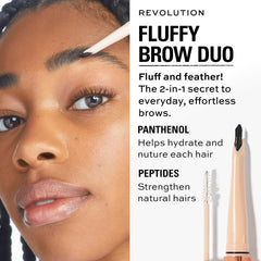 Revolution Fluffy Brow Filter ingredient visual showing panthenol and peptides for hair nourishment
