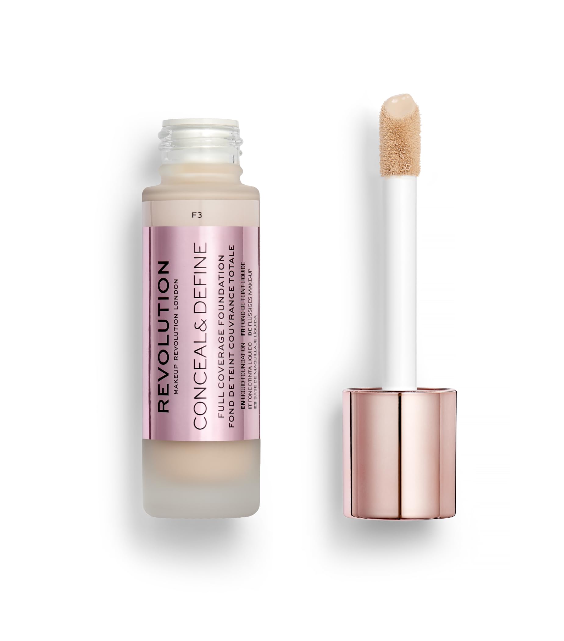 Revolution Beauty London front packaging showing shade F3 and benefits
