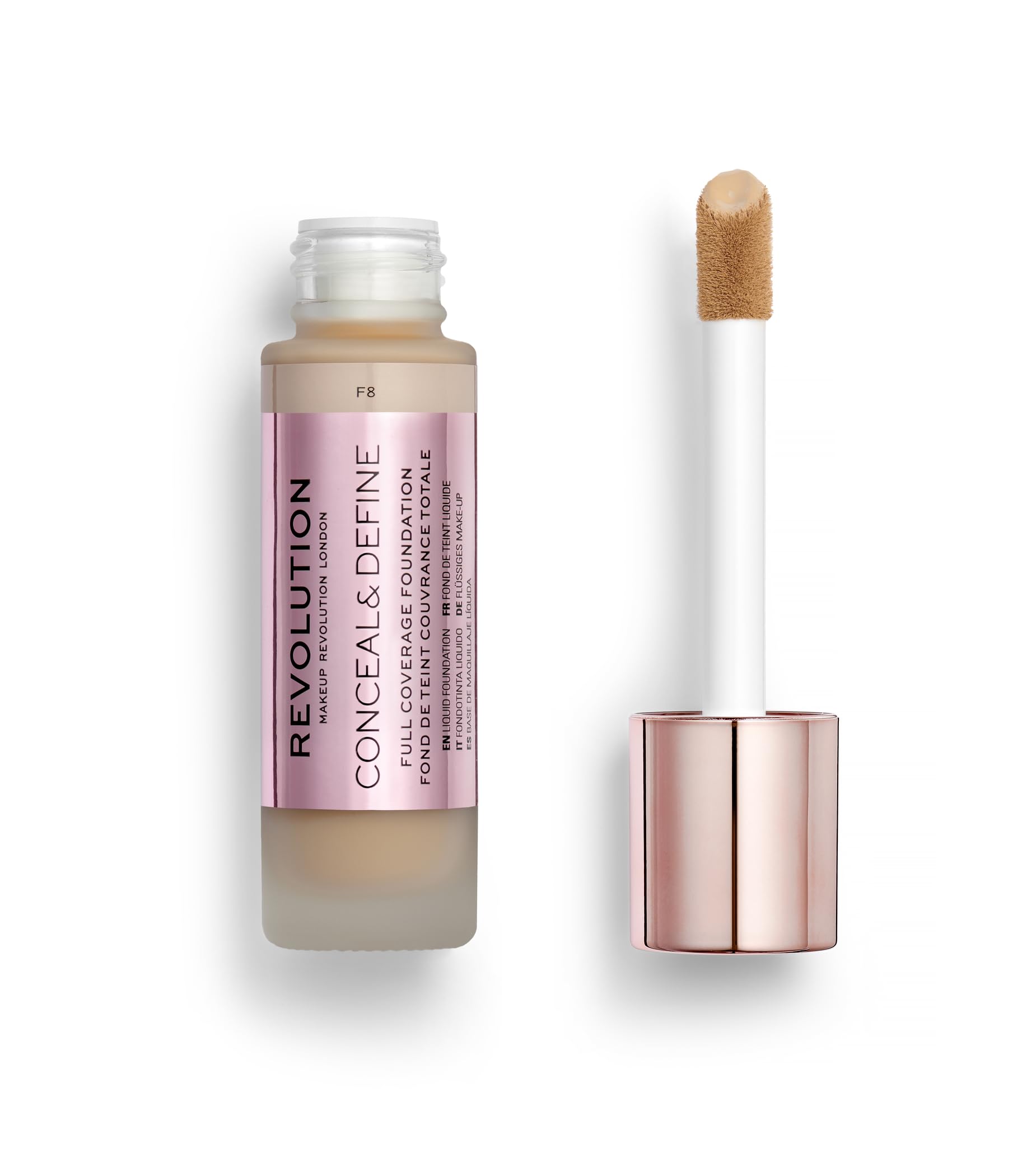 Revolution Beauty London foundation F8 front packaging showing shade and label, clear product identity