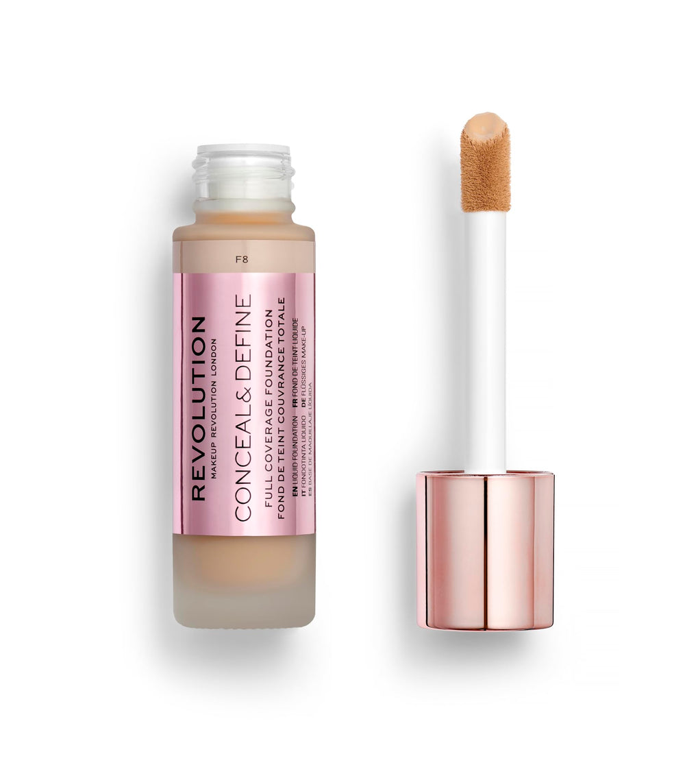 Revolution Beauty London foundation F8 front packaging showing shade and label, clear product identity