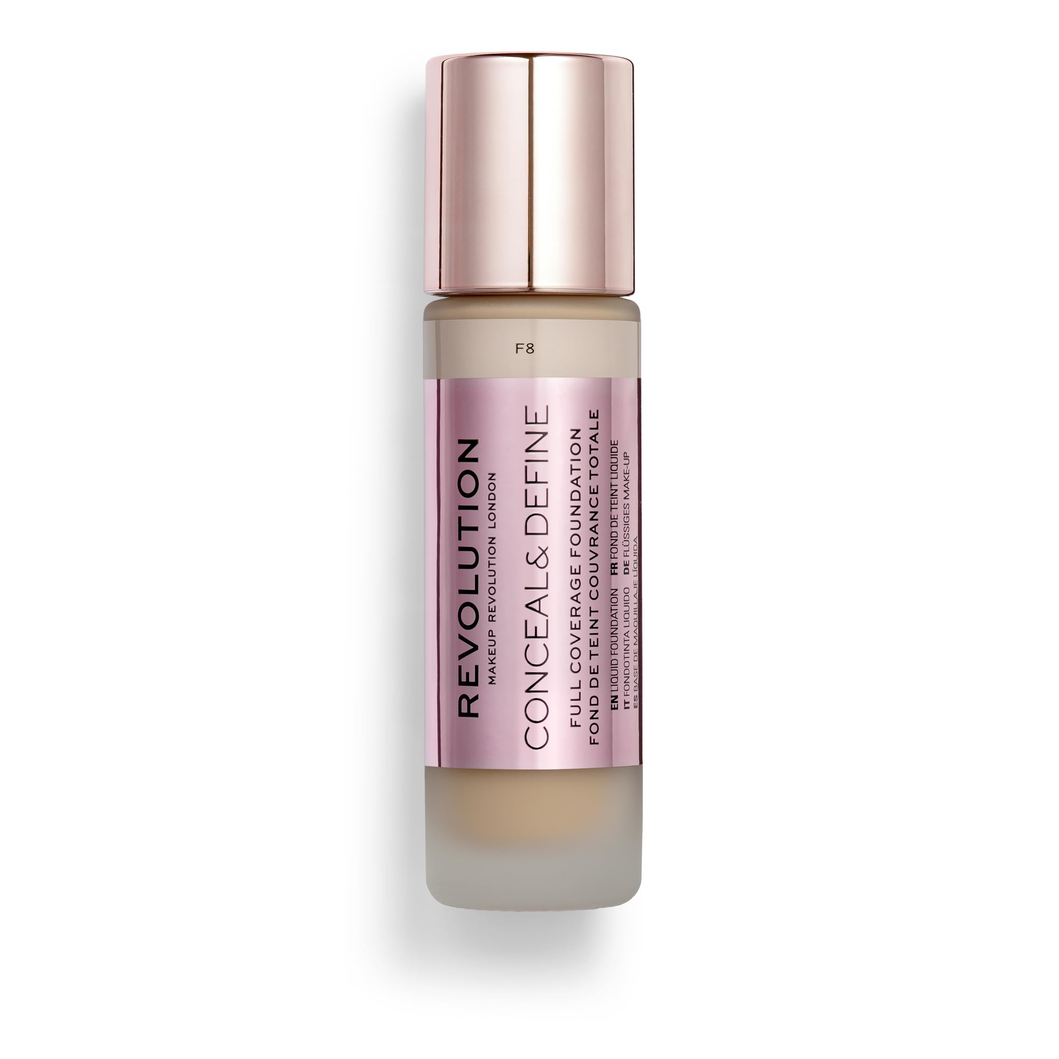 Revolution Beauty London foundation F8 creamy texture close-up showing blendable formula and finish