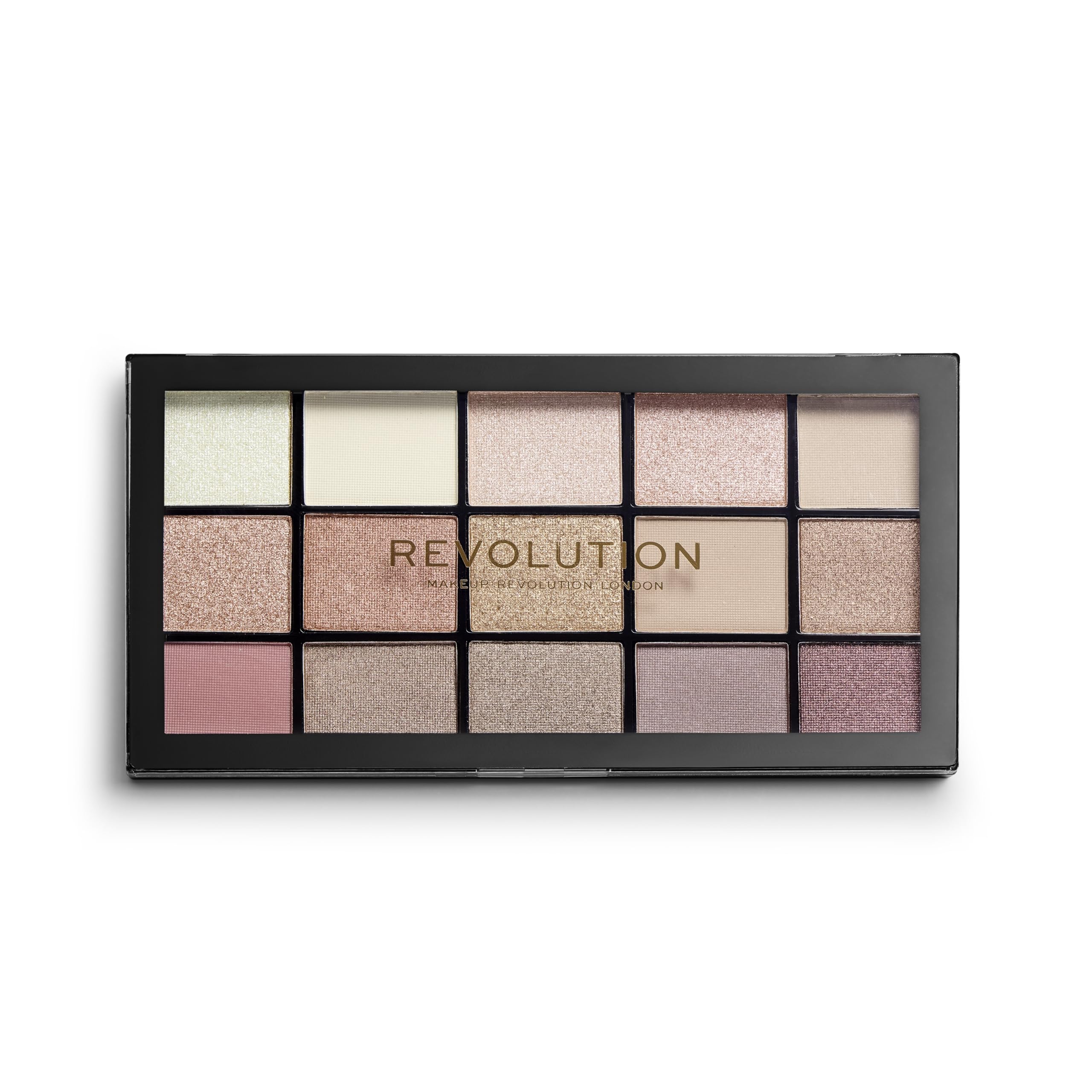 Revolution Beauty London open palette showing 15 shades and easy color pairing benefit