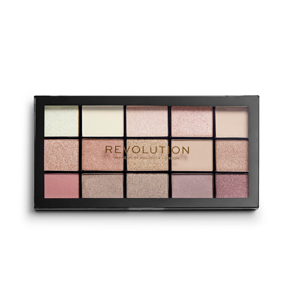 Revolution Beauty London open palette showing 15 shades and easy color pairing benefit