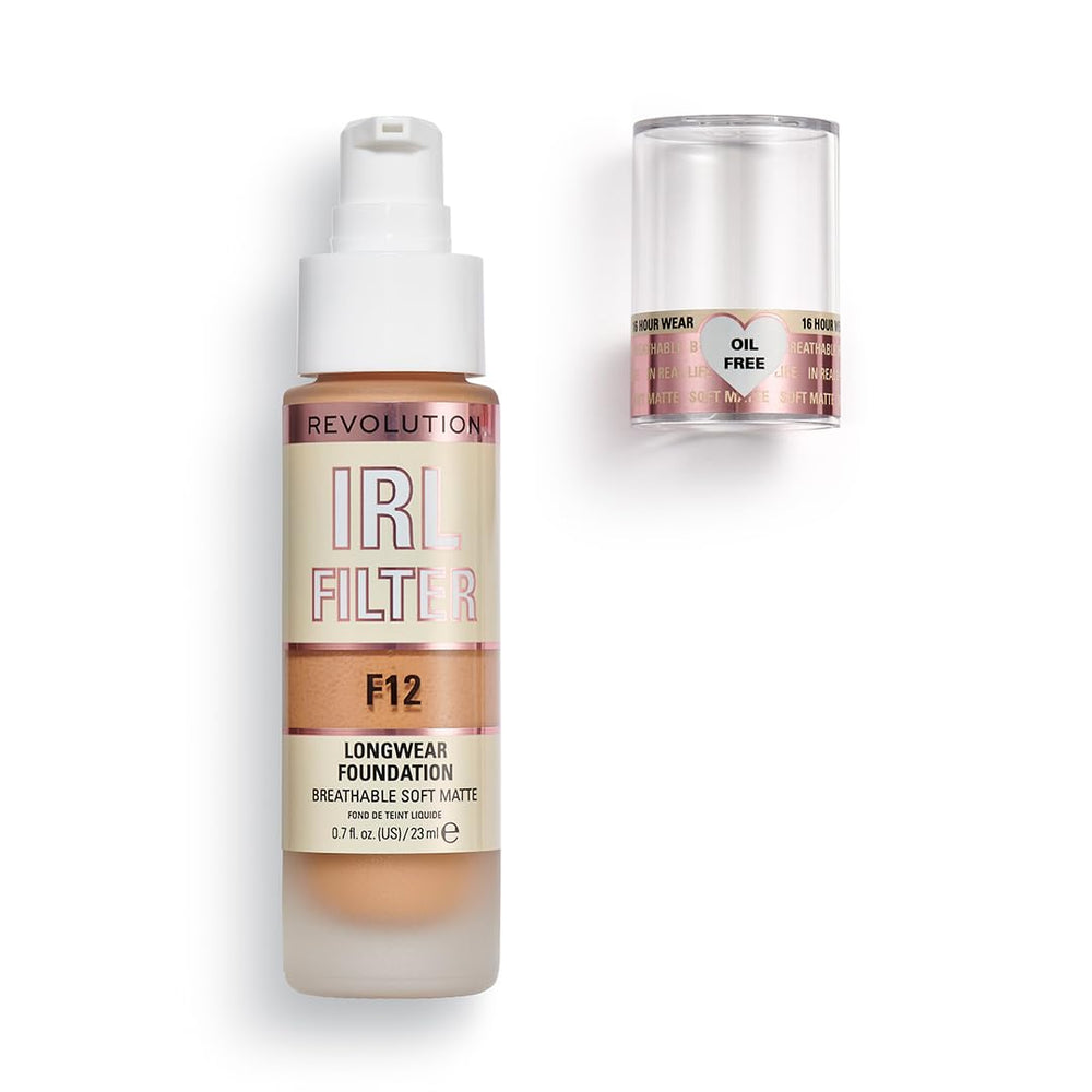 Close-up of Revolution IRL Filter F12 glass bottle label highlighting premium packaging benefit