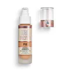Close-up of Revolution IRL Filter F12 glass bottle label highlighting premium packaging benefit