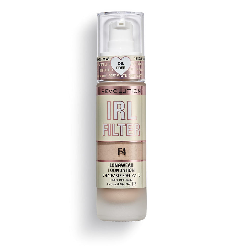 Revolution Beauty London front bottle of IRL Filter F4 showing pump and label, easy dispensing