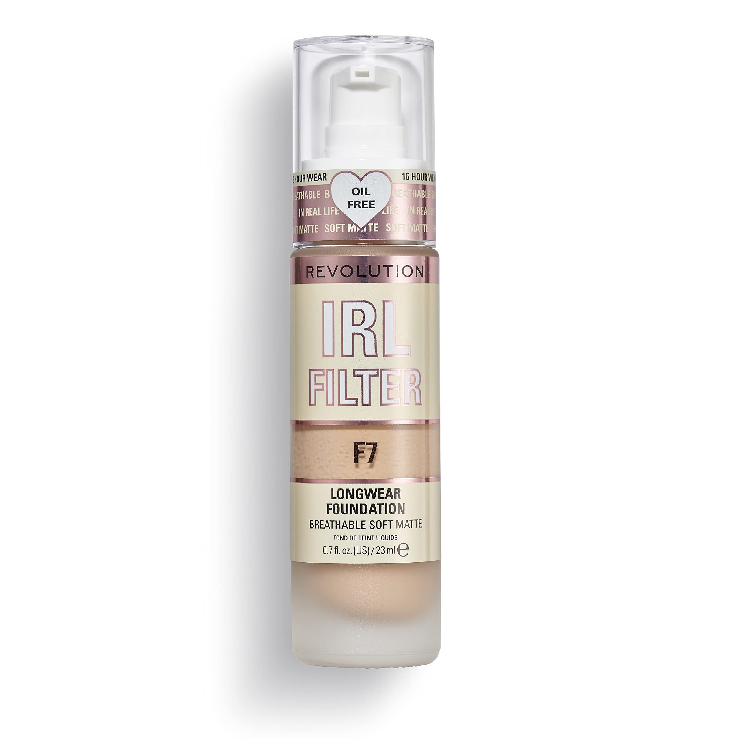 Revolution Beauty London bottle front view showing shade F7 and matte finish benefits