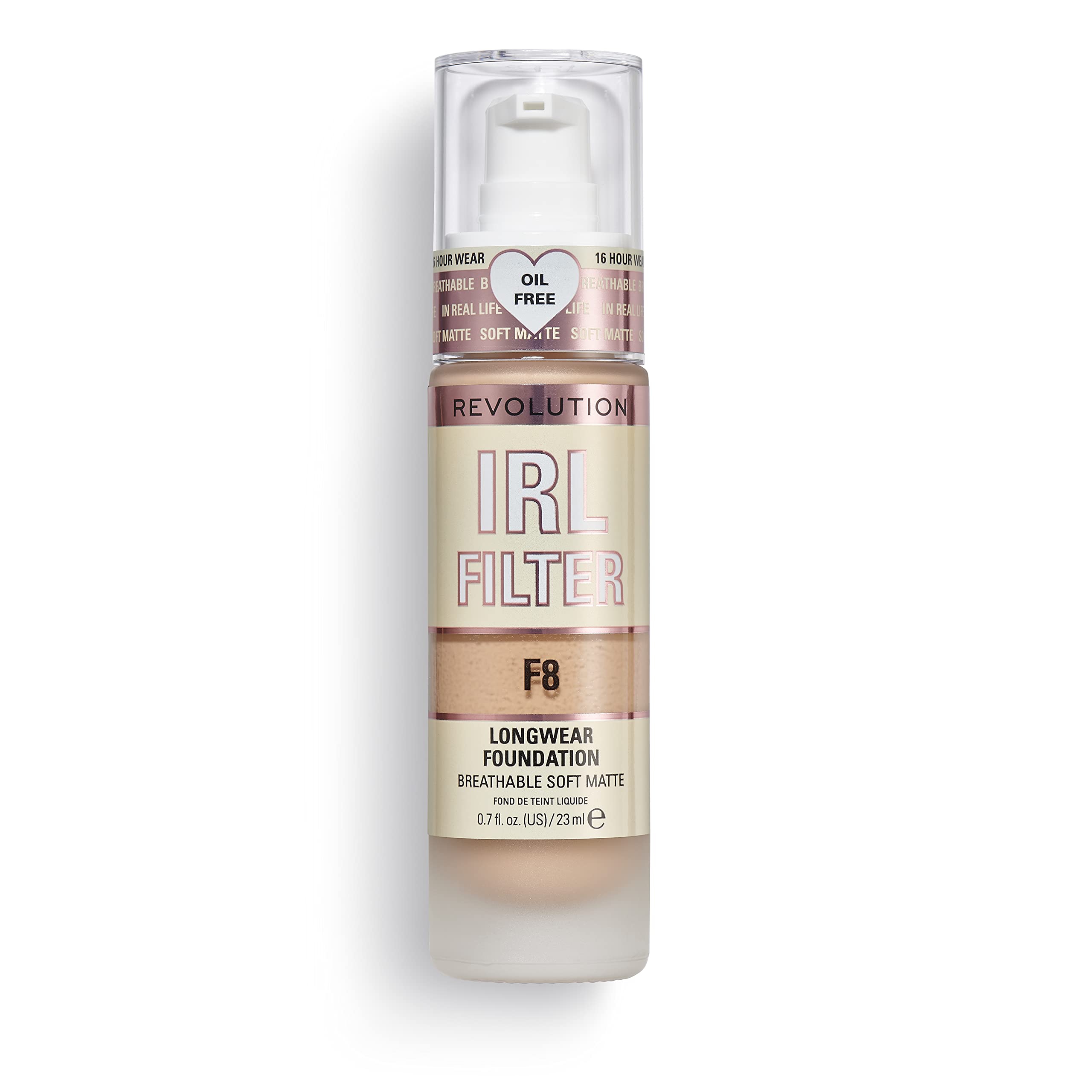 Revolution Beauty London front bottle of IRL Filter F8 showing luxe glass and label, precise dispense benefit