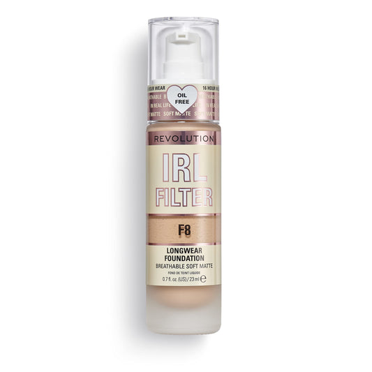Revolution Beauty London front bottle of IRL Filter F8 showing luxe glass and label, precise dispense benefit