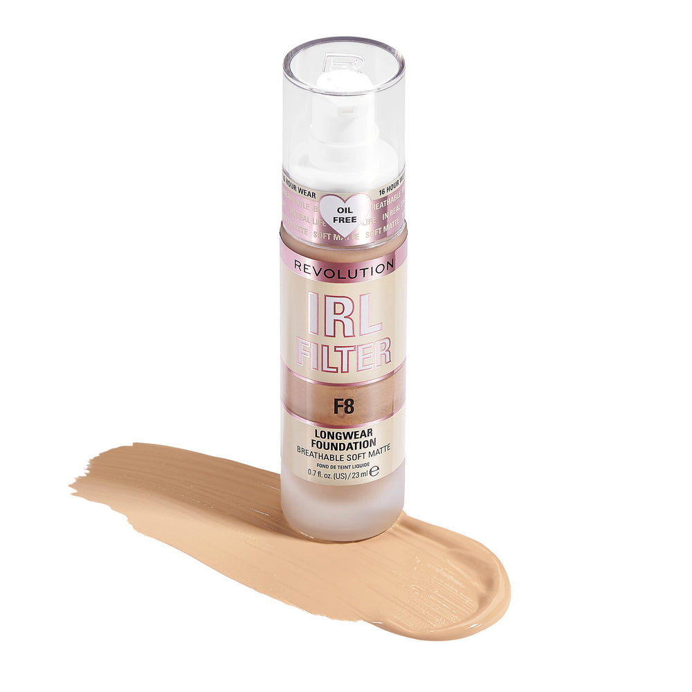 Revolution Beauty London foundation texture swatch of F8 showing blendable matte finish and buildable coverage benefit