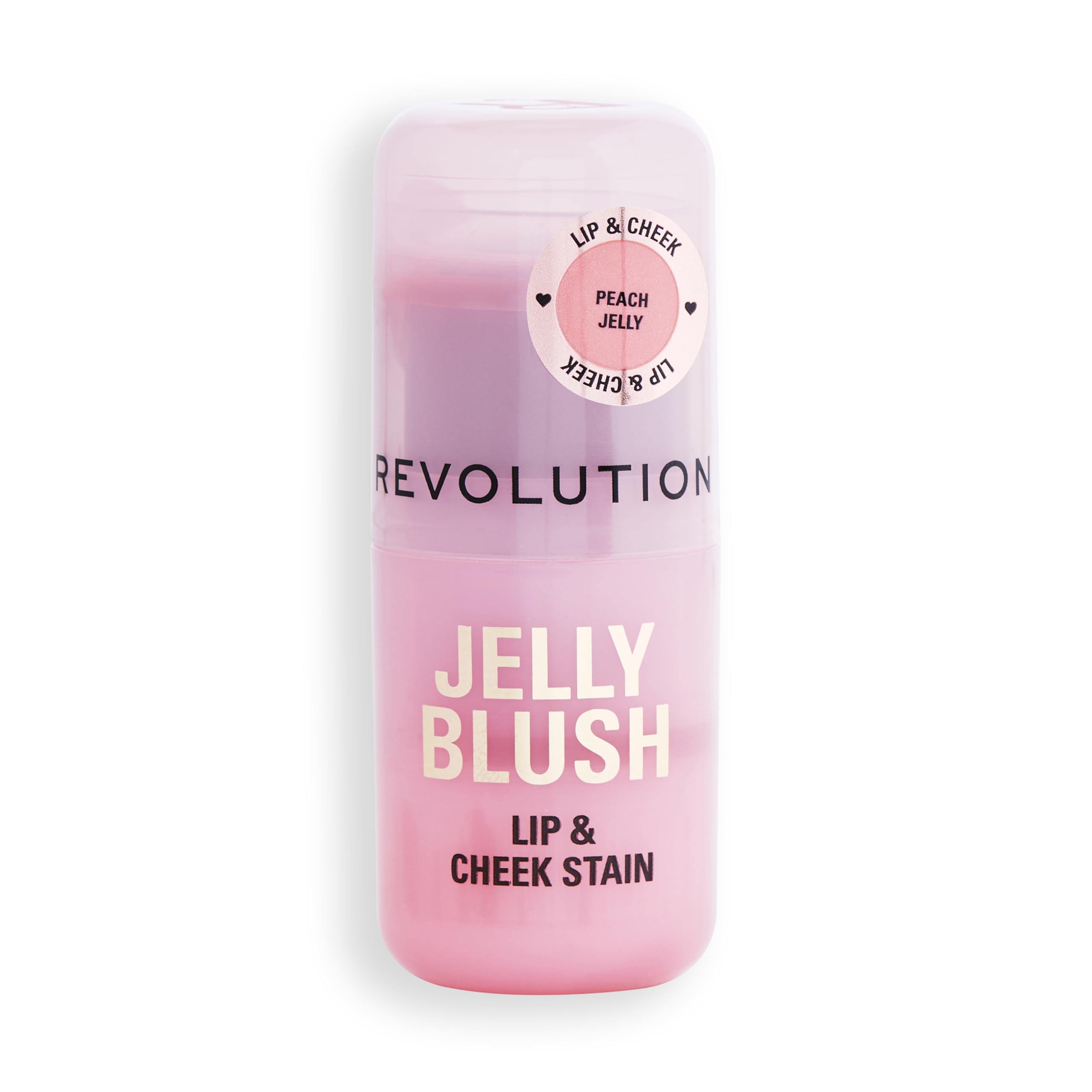 Back label of Revolution Jelly Blush stick displaying ingredients and vegan, cruelty-free claims