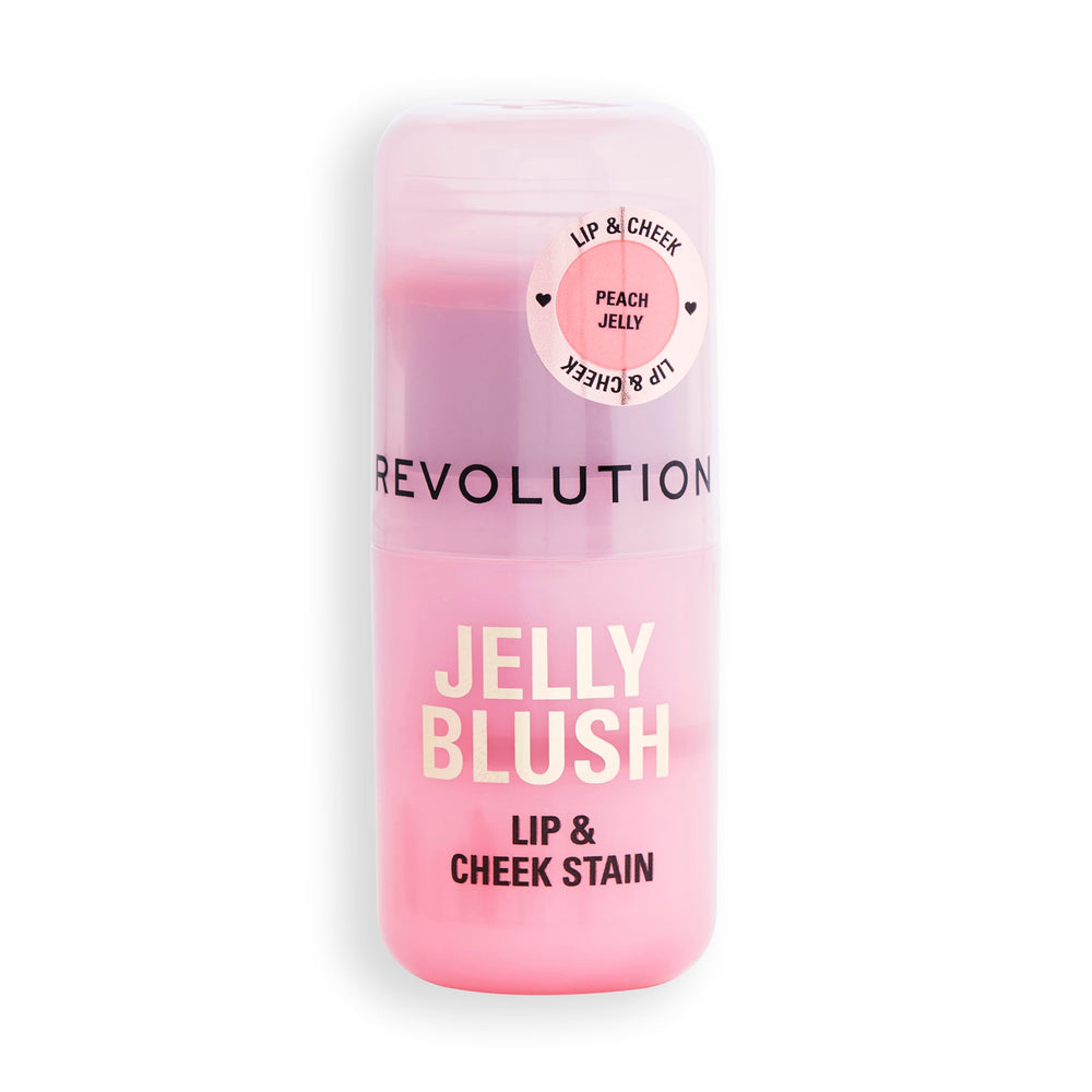 Back label of Revolution Jelly Blush stick displaying ingredients and vegan, cruelty-free claims