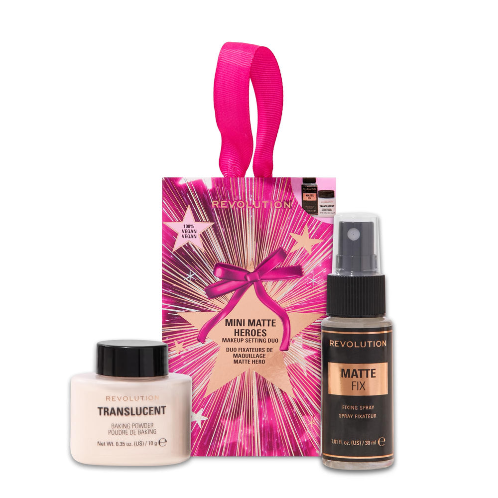 Revolution Beauty London front packaging showing mini powder and spray, portable matte control