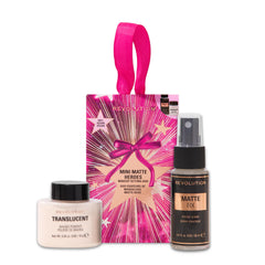 Revolution Beauty London front packaging showing mini powder and spray, portable matte control