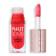 Revolution Beauty London front packaging cherry red gloss, shows brand and shade benefits