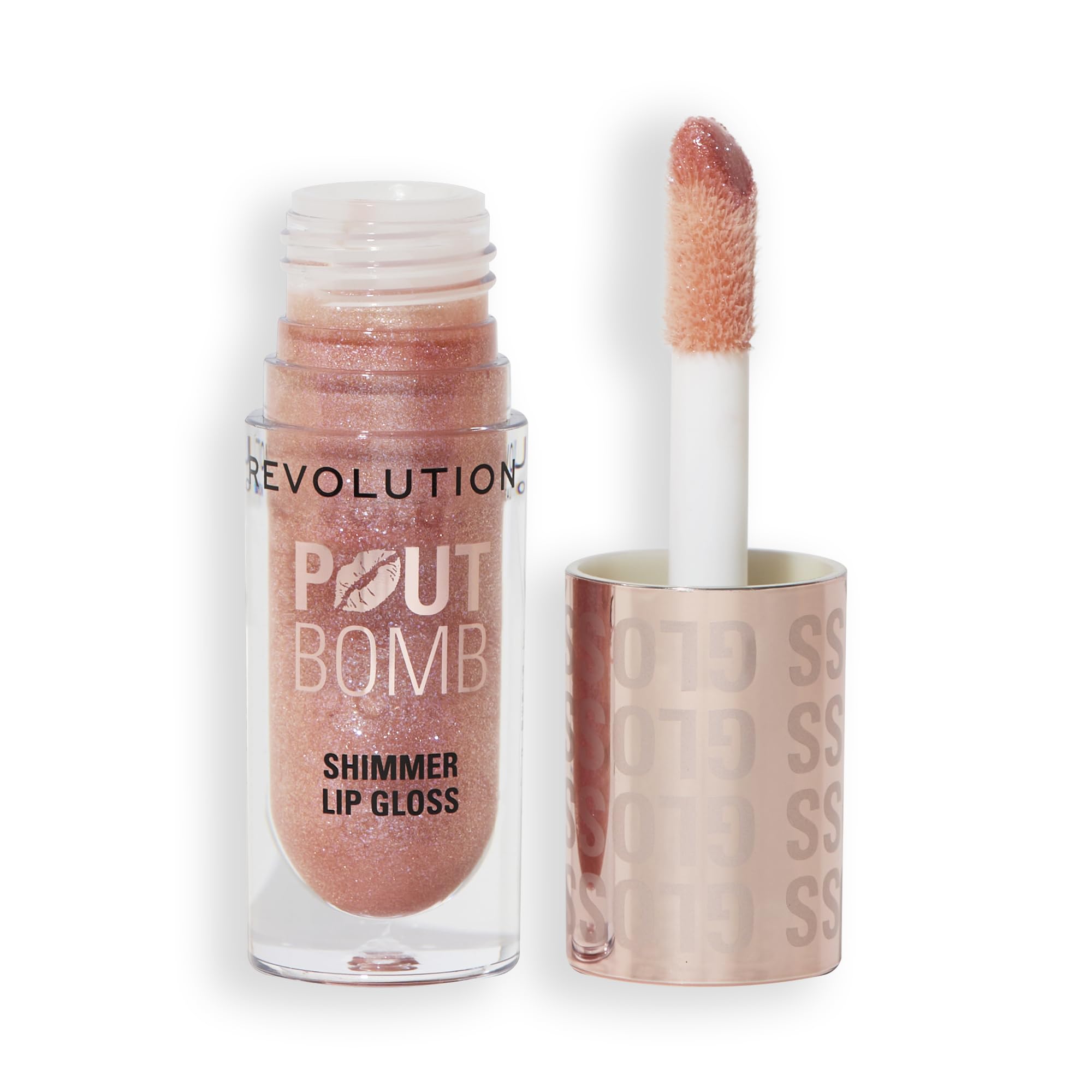Revolution Pout Bomb front packaging showing Glimmer Nude and product benefit high shine