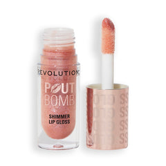 Revolution Pout Bomb front packaging showing Glimmer Nude and product benefit high shine