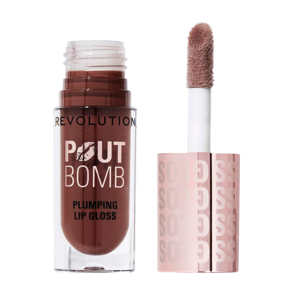 Revolution Pout Bomb front packaging showing gloss tube and label, highlighting convenience