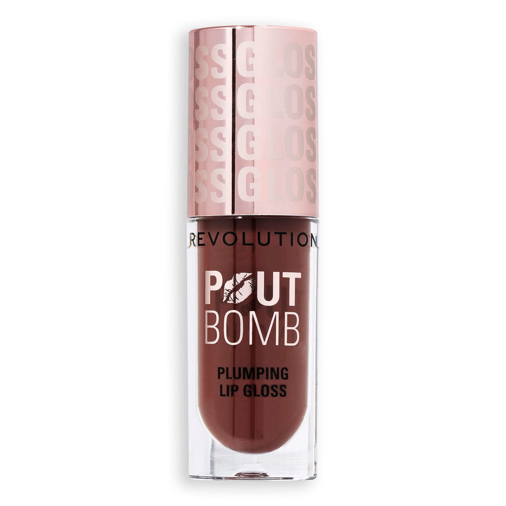 Revolution Pout Bomb lifestyle flatlay pairing gloss with everyday makeup for versatile wear