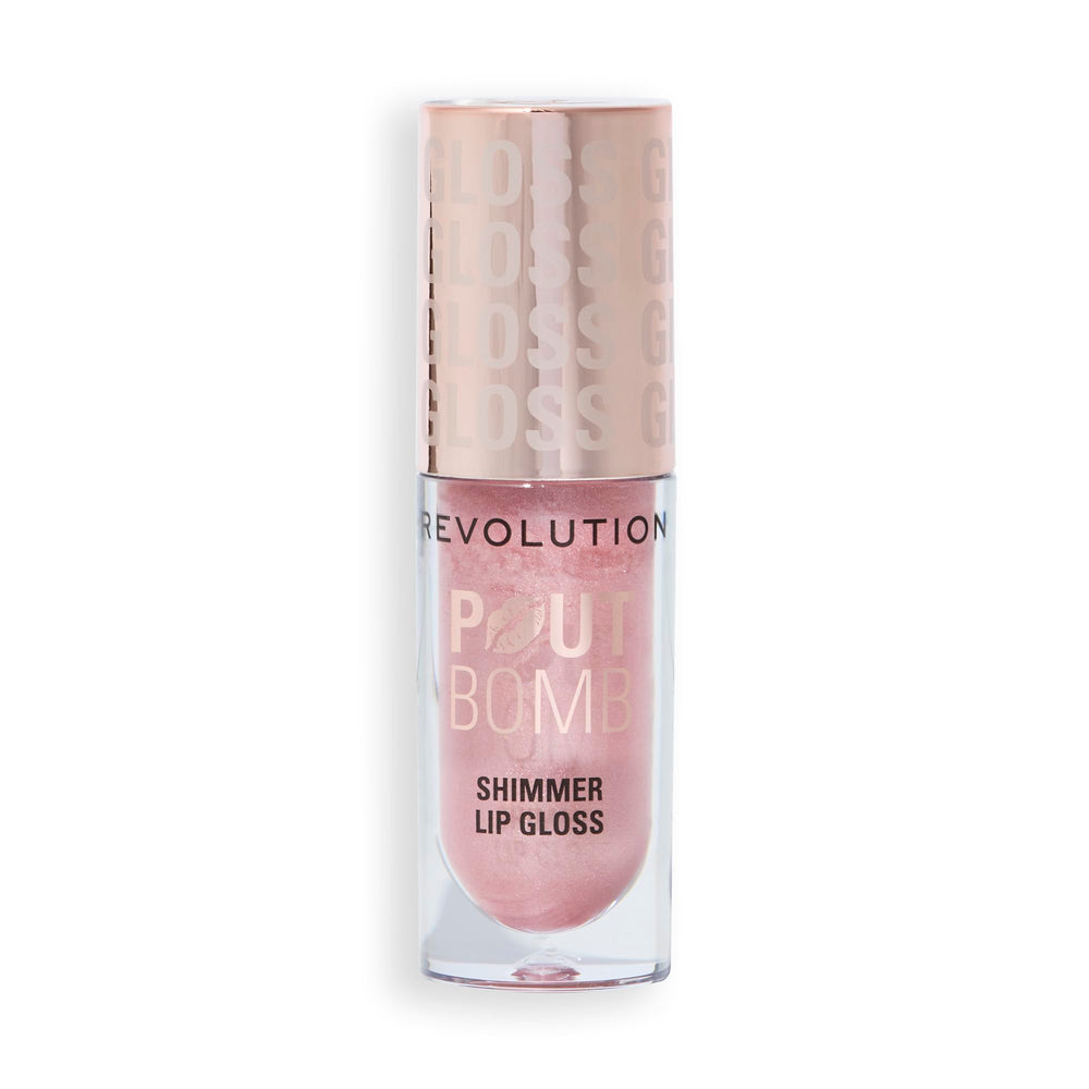 Revolution Pout Bomb lifestyle model wearing Shine Pink for luminous, conditioned lips benefit