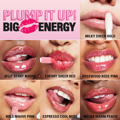 Revolution Pout Bomb applied on lips in lifestyle shot illustrating glossy plumping effect