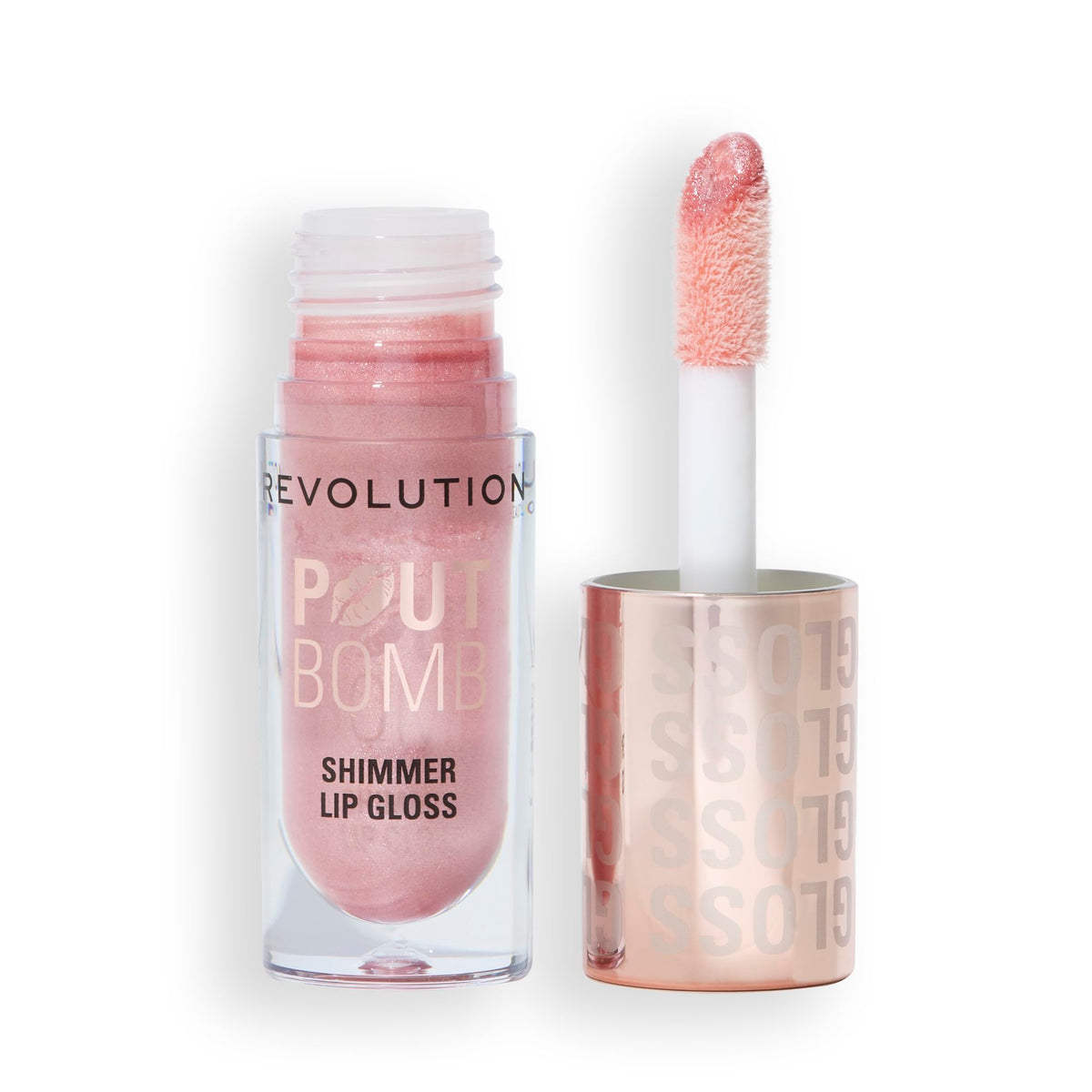 Revolution Pout Bomb front packaging showing shade and glossy finish benefit