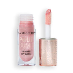 Revolution Pout Bomb front packaging showing shade and glossy finish benefit