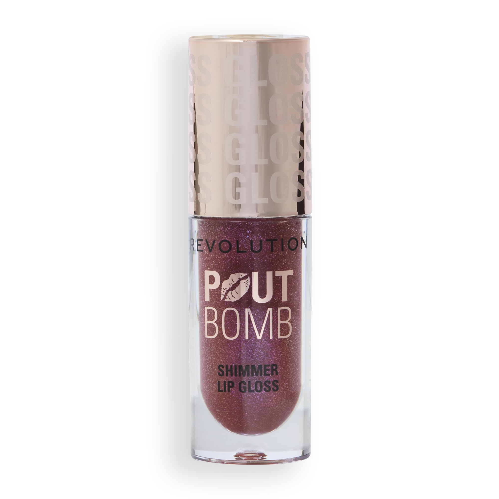 Revolution Pout Bomb product beside ingredient label highlighting hyaluronic acid and vegan formula
