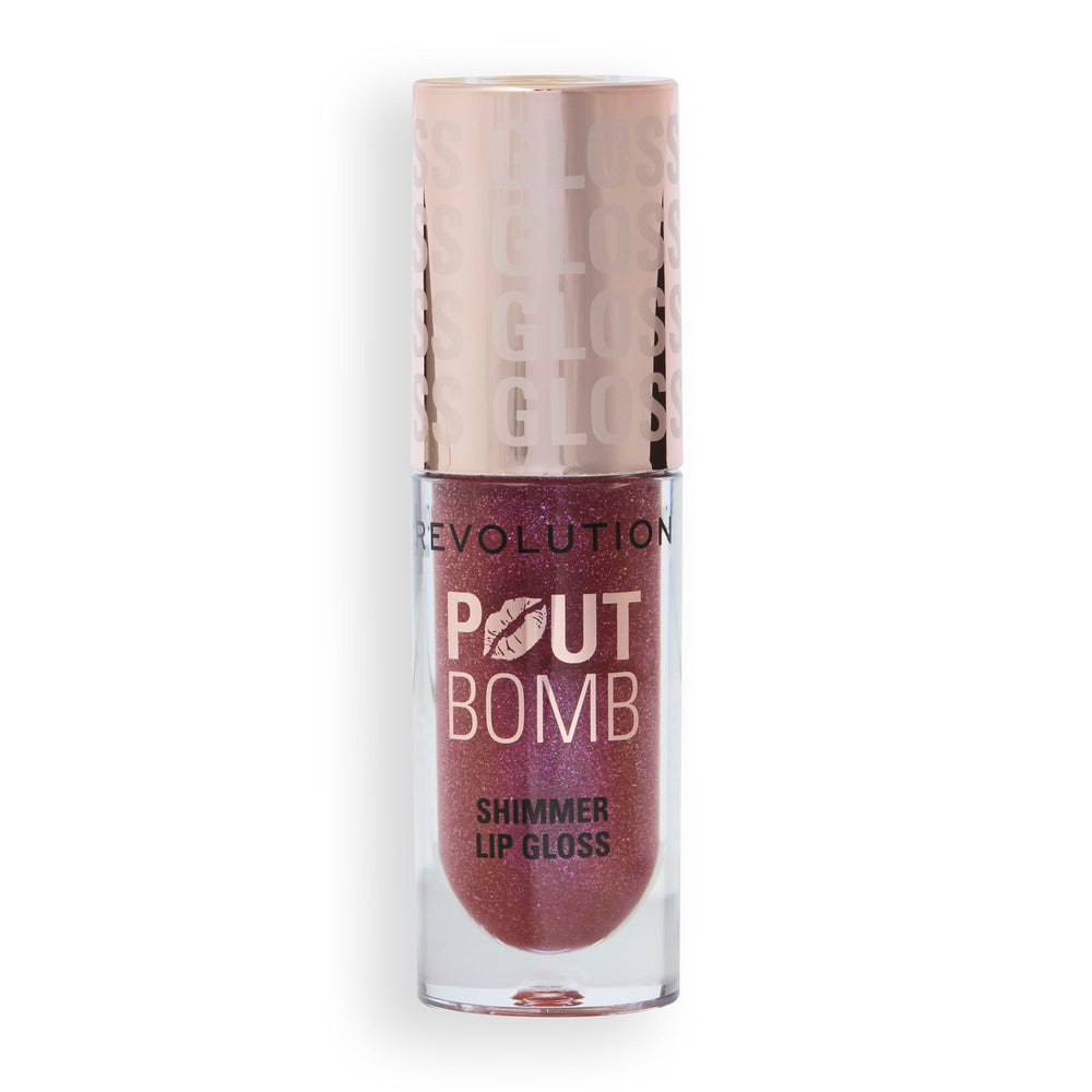 Revolution Pout Bomb product beside ingredient label highlighting hyaluronic acid and vegan formula