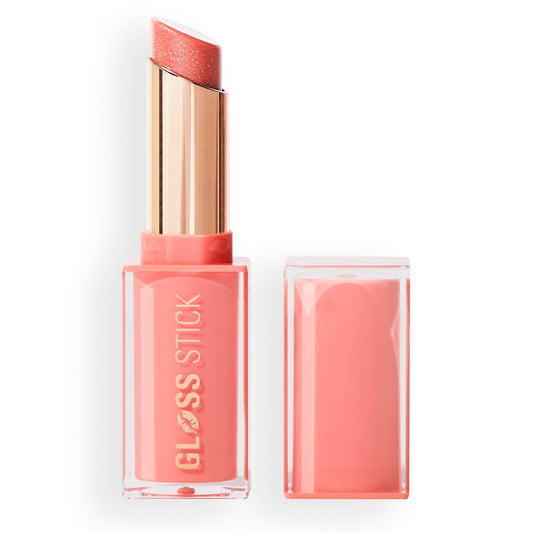 Revolution Beauty London front view of gloss stick showing product and branding, instant color payoff