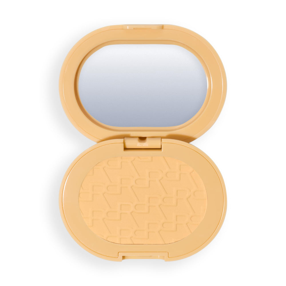 Revolution Powder Pops front compact in Banana Deep shows neat packaging and easy portability