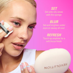 Revolution Skincare London included powder puff shown for easy on-the-go setting
