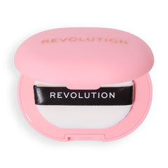 Revolution Beauty London compact inside a makeup bag showing travel-ready touch up advantage