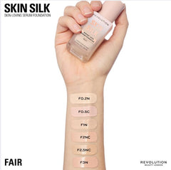 Revolution Skin Silk swatches on fair skin showing F2NC blendability and matching benefit